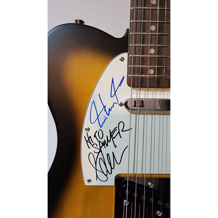 Rush full band Alex, Geddy  (inscription), Neil  Fender telecaster full size electric guitar signed with proof