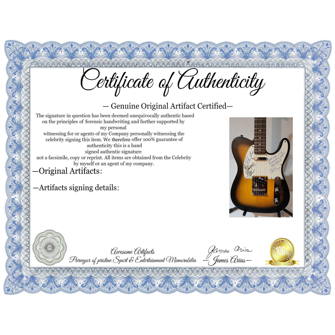 Rush full band Alex, Geddy  (inscription), Neil  Fender telecaster full size electric guitar signed with proof