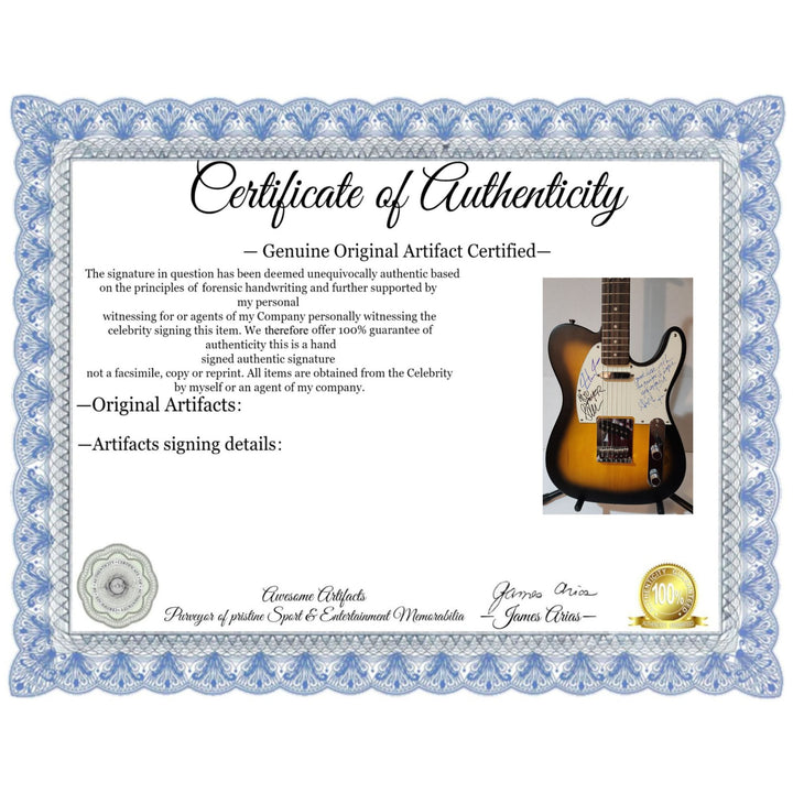 Rush full band Alex, Geddy  (inscription), Neil  Fender telecaster full size electric guitar signed with proof