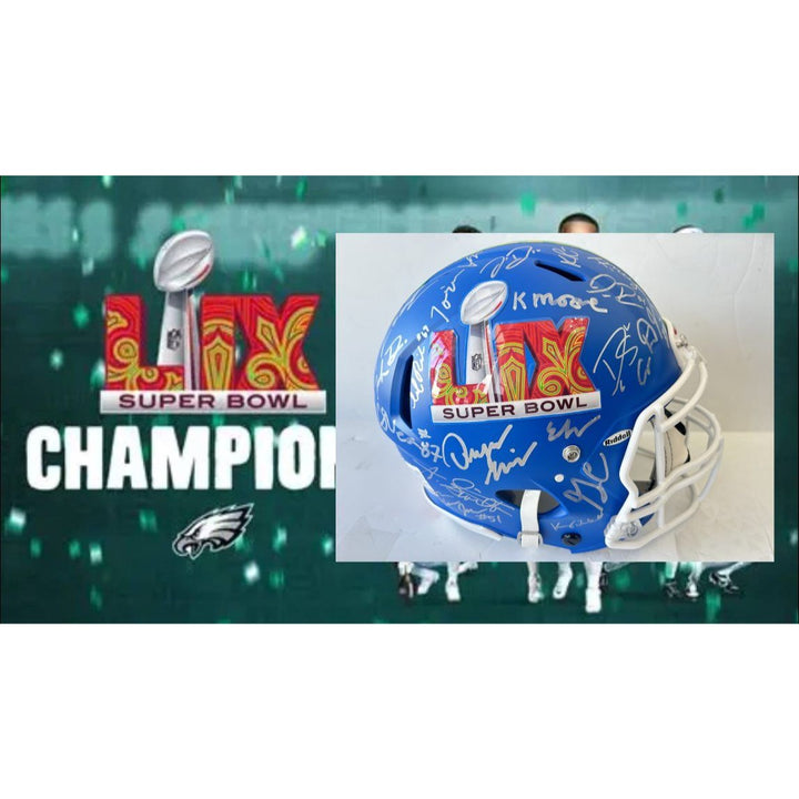 Super Bowl LIX 2025 Philadelphia Eagles pro game model helmet team signed with 40 plus signatures & signing proof .