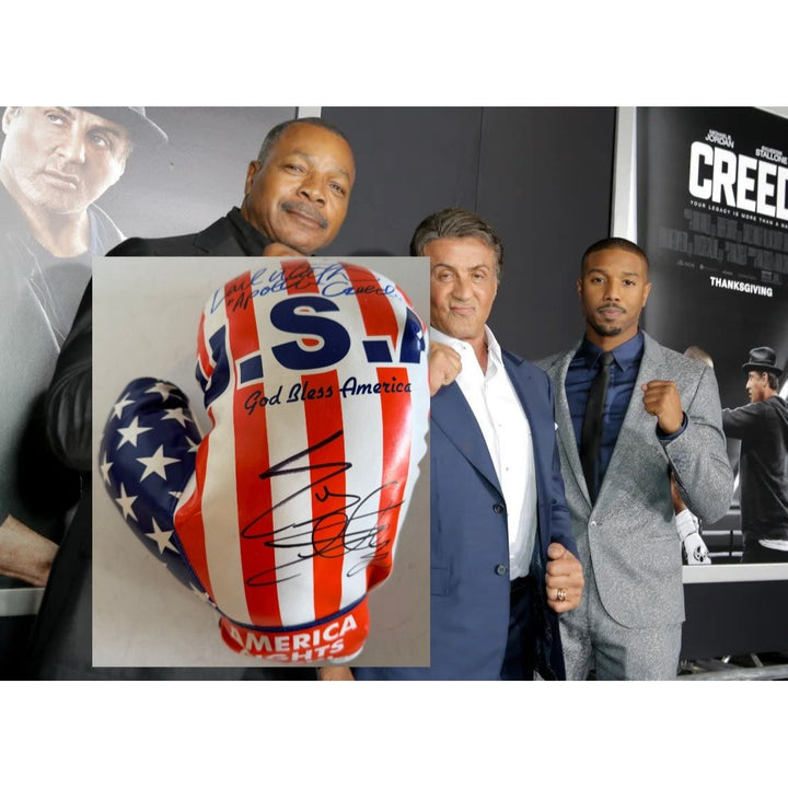 Sylvester Stallone, Carl Weathers, Michael B. Jordan USA full size boxing glove signed with proof