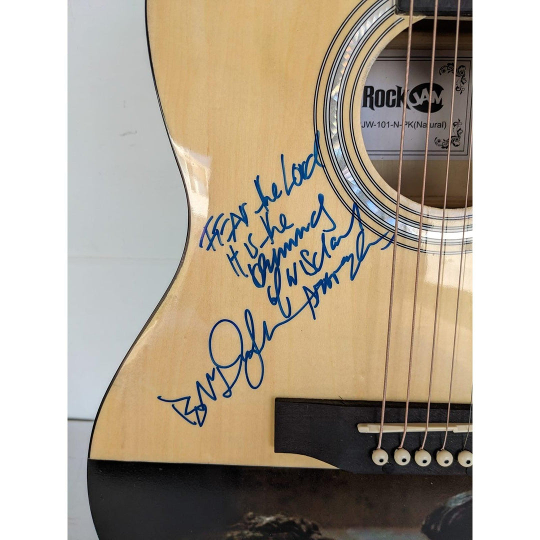 Bob Dylan signed with inscription and Johnny Cash full size acoustic guitar signed with proof