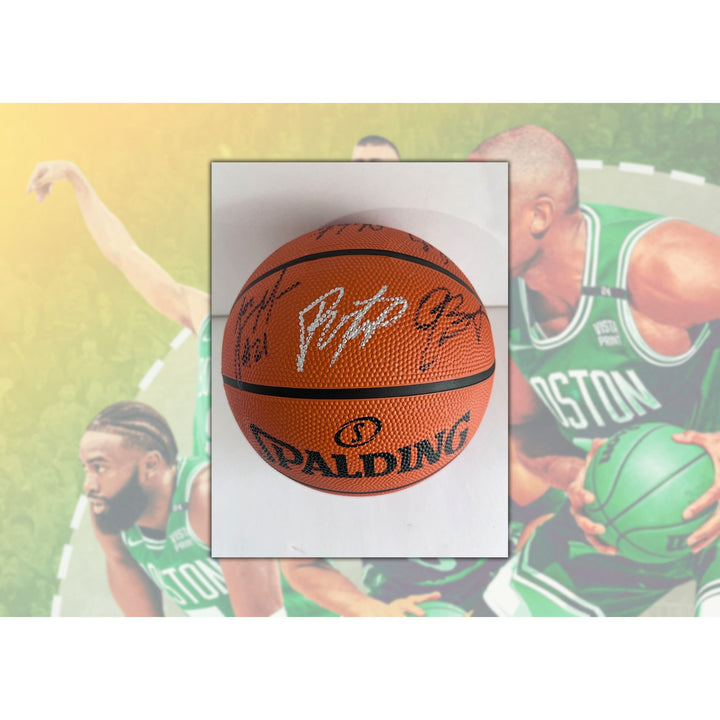 Boston Celtics 2023-24 Jayson Tatum Jrue Holiday Jaylen Brown Kristaps Porzingis complete team Spalding NBA full size basketball with proof