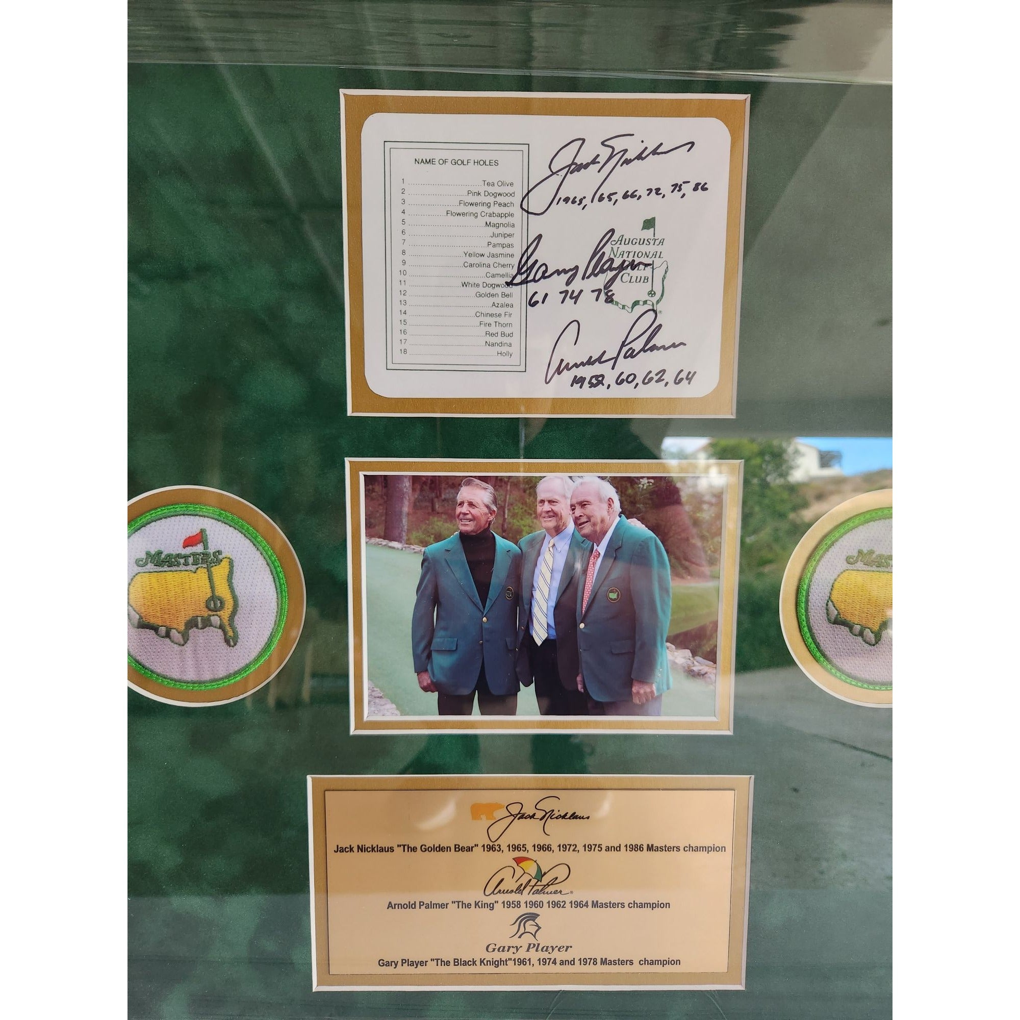 Jack Nicklaus Arnold Palmer Gary Player Masters Golf scorecard signed and framed 23.5x22.5 with proof