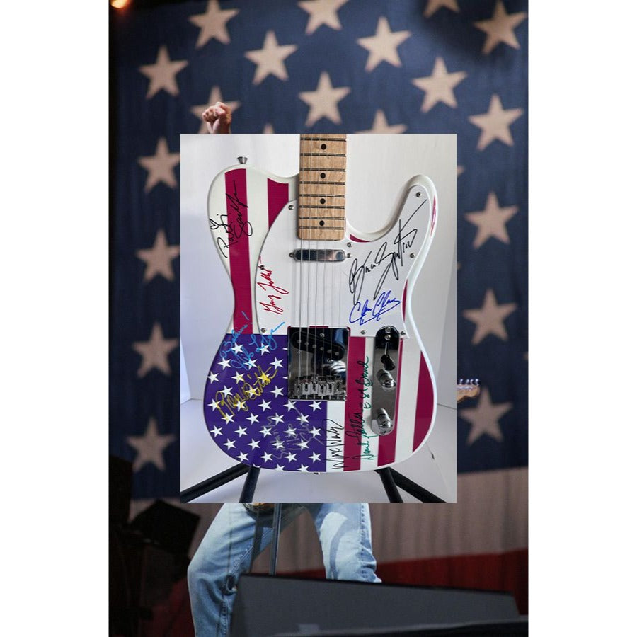 Bruce Springsteen Clarence Clemons Roy Bittan Patty Scialfa and the E Street Band full size American flag electric guitar signed with proof