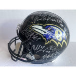 Load image into Gallery viewer, Baltimore Ravens Ray Lewis Ed Reed 2012 Super Bowl champions Riddell full size helmet signed with proof
