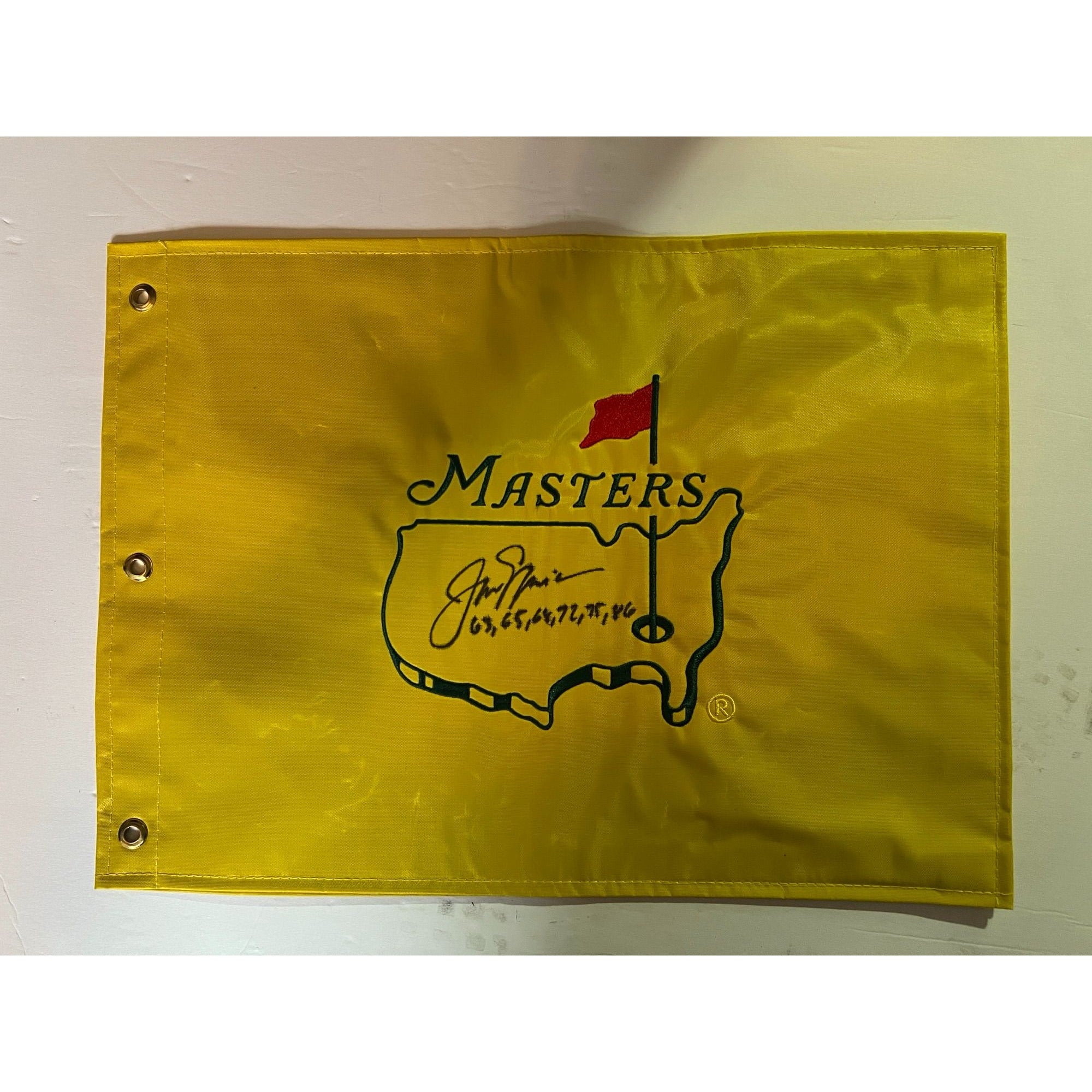 Jack Nicklaus Masters embroidered golf flag signed and inscribed with proof