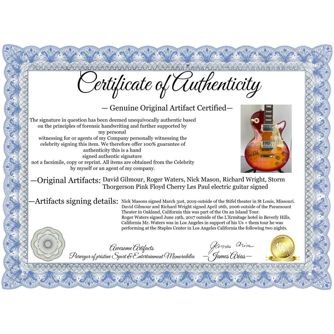 David Gilmour, Roger Waters, Nick Mason, Richard Wright, Storm Thorgerson Pink Floyd Cherry Les Paul electric guitar signed