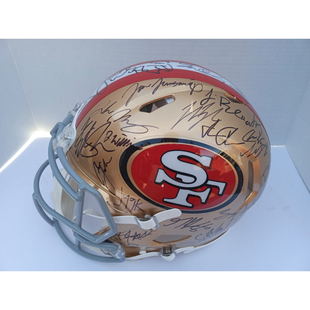 Brock Purdy Deebo Samuel Christian McCaffrey 2023 San Francisco 49ers Riddell speed pro model team signed helmet signed with proof