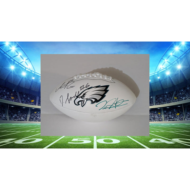 Philadelphia Eagles Jalen hurts Devanta Smith and AJ Brown full size football signed with proof