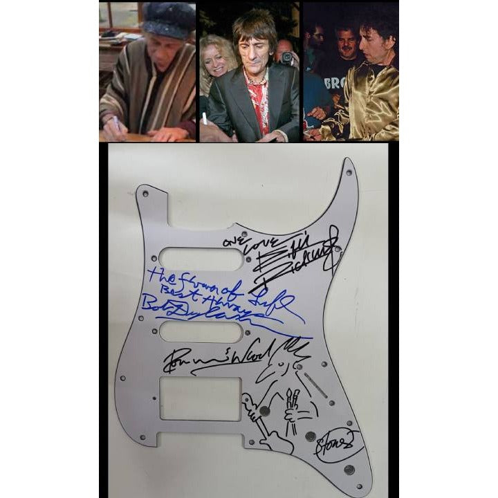 Bob Dylan Keith Richards Ronnie Wood signed and inscribed with Sketch Fender Stratocaster electric guitar pickguard with proof