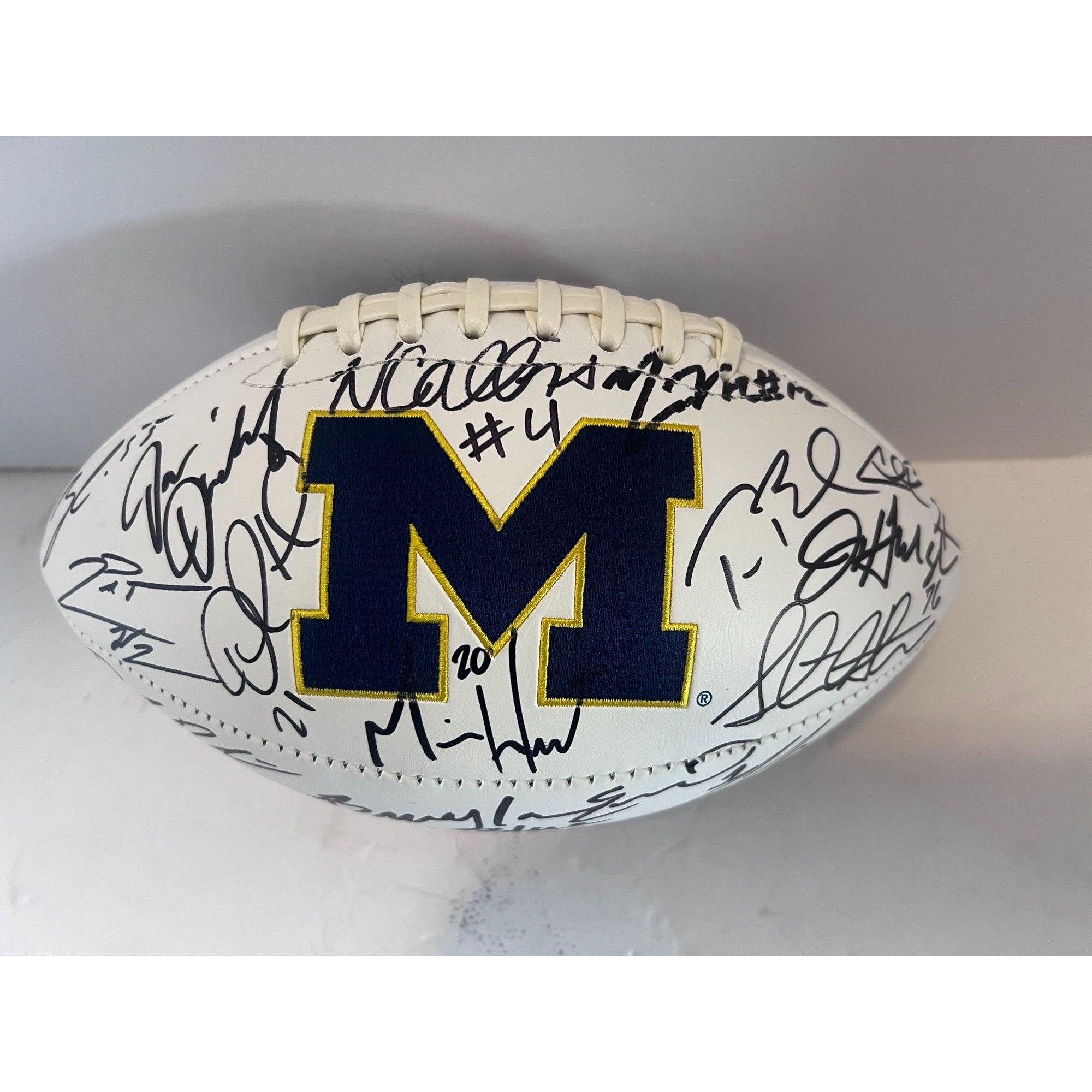 Michigan Legends Tom Brady, Charles Woodson, Desmond Howard, Jim Harbaugh signed football with proof free case