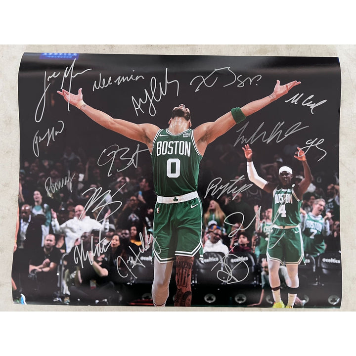 Boston Celtics 2023-24 Jayson Tatum Jrue Holiday Jaylen Brown Kristaps Porzingis complete team 16x20 photo signed with proof