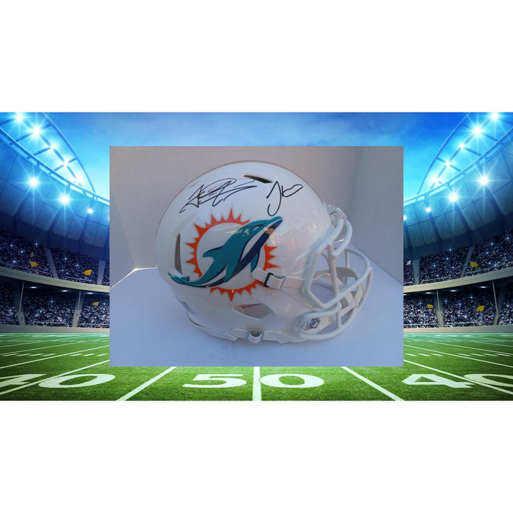 Tyreek Hill Tua Tagovailoa Miami Dolphins Riddell Speed pro model helmet signed with proof and free acrylic display case