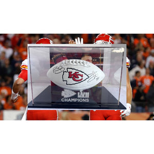 Travis Kelce Patrick Mahomes full size Kansas City Chiefs logo football with signed with proof and 14x9 acrylic display case