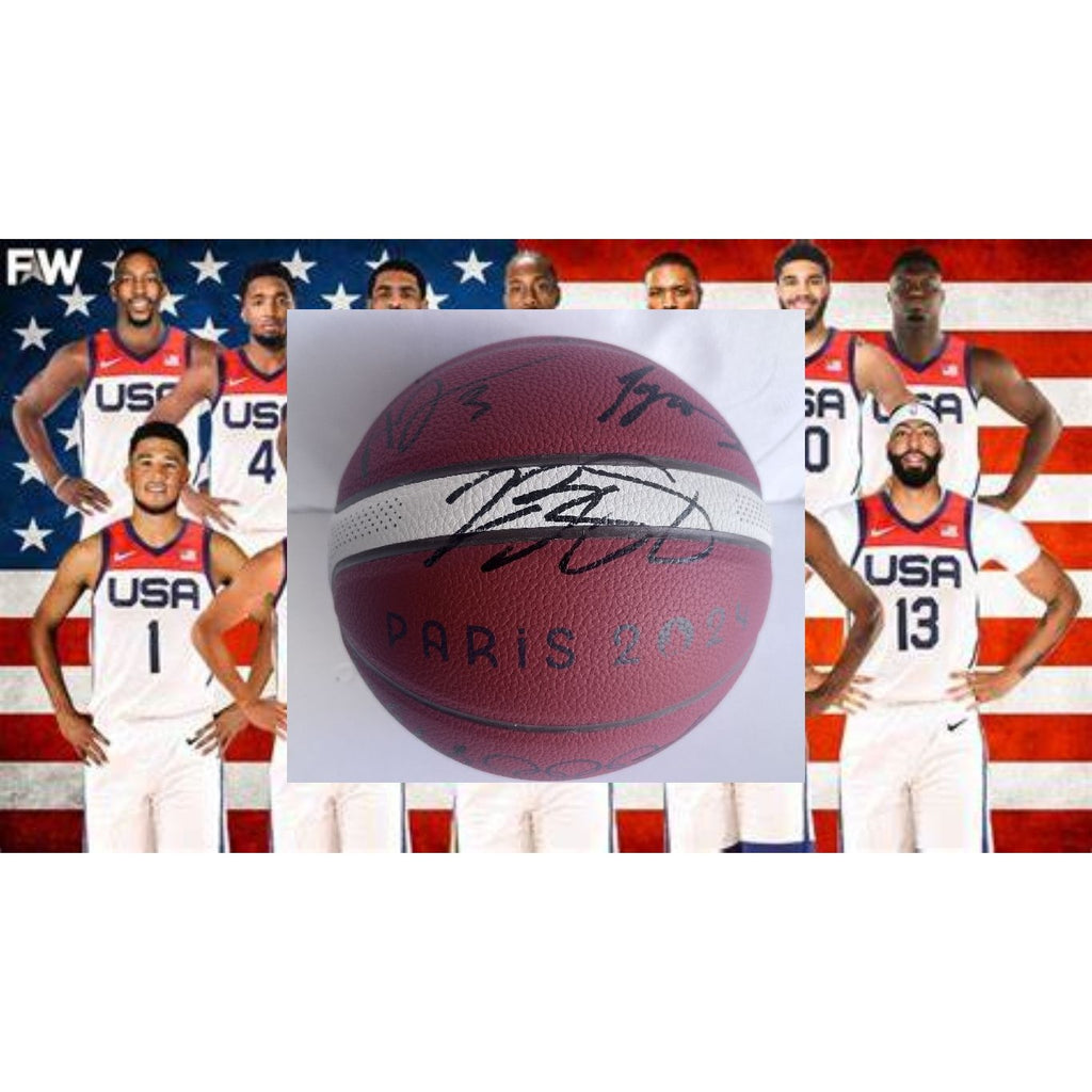 LeBron James, Stephen Curry, Kevin Durant, Anthony Edwards USA 2024 team signed Olympics official basketball signed with proof