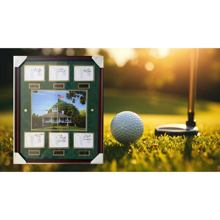 Tiger Woods Gary Player Jack Nicklaus Arnold Palmer Tom Watson Phil Mickelson score cards set signed and framed with proof.