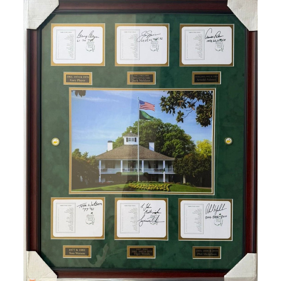 Tiger Woods Gary Player Jack Nicklaus Arnold Palmer Tom Watson Phil Mickelson score cards set signed and framed with proof.