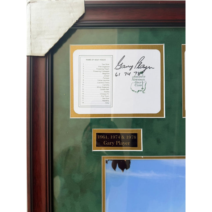 Tiger Woods Gary Player Jack Nicklaus Arnold Palmer Tom Watson Phil Mickelson score cards set signed and framed with proof.