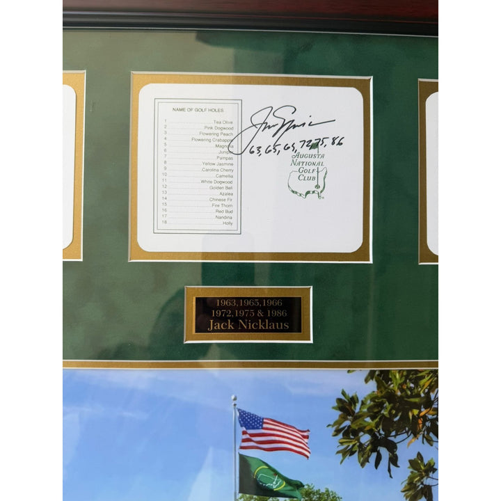 Tiger Woods Gary Player Jack Nicklaus Arnold Palmer Tom Watson Phil Mickelson score cards set signed and framed with proof.