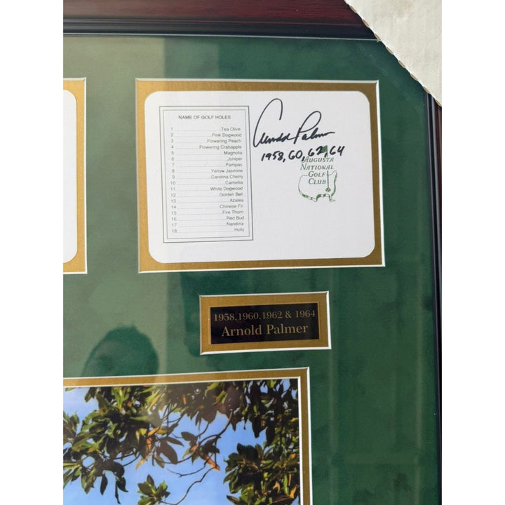 Tiger Woods Gary Player Jack Nicklaus Arnold Palmer Tom Watson Phil Mickelson score cards set signed and framed with proof.