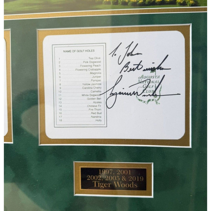 Tiger Woods Gary Player Jack Nicklaus Arnold Palmer Tom Watson Phil Mickelson score cards set signed and framed with proof.