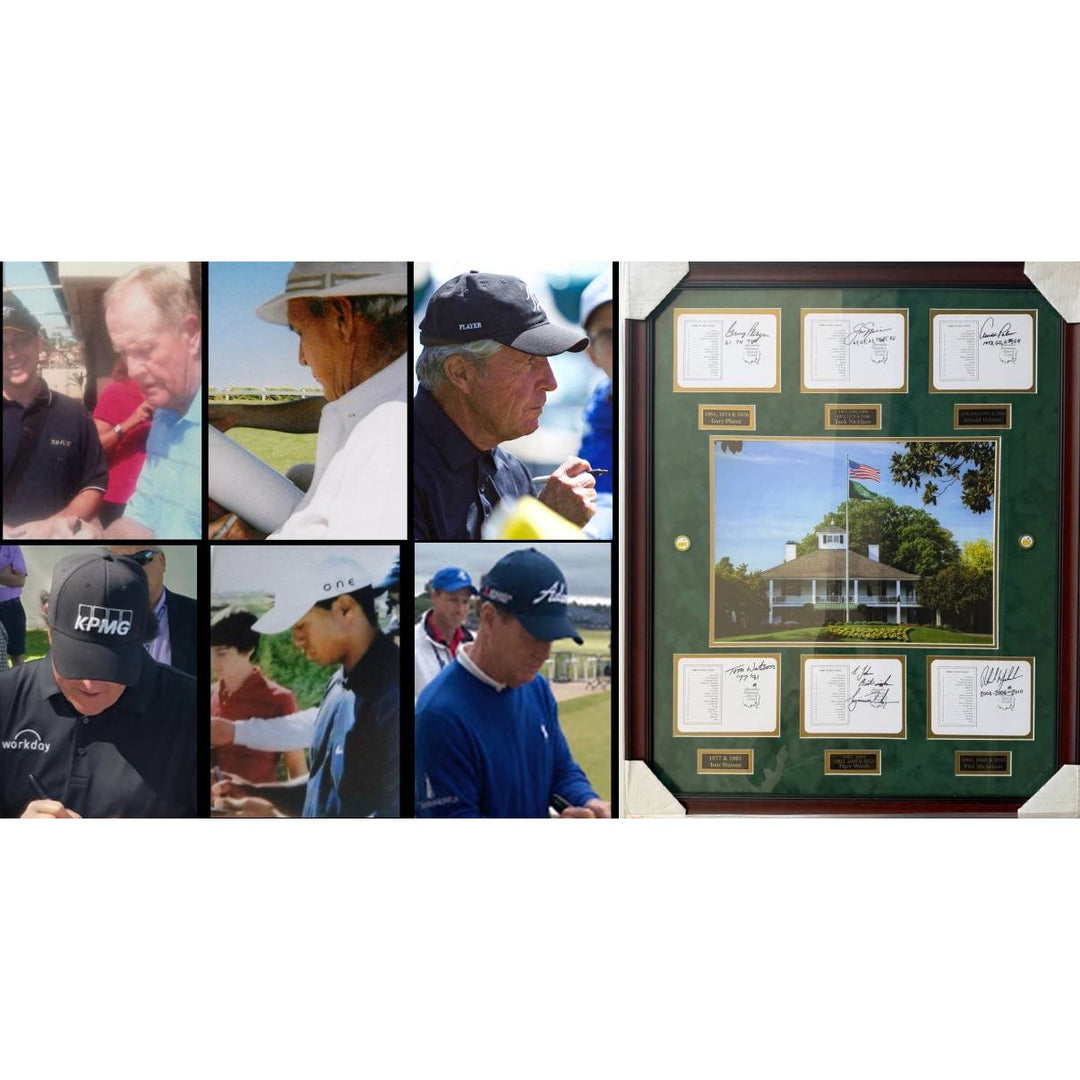 Tiger Woods Gary Player Jack Nicklaus Arnold Palmer Tom Watson Phil Mickelson score cards set signed and framed with proof.