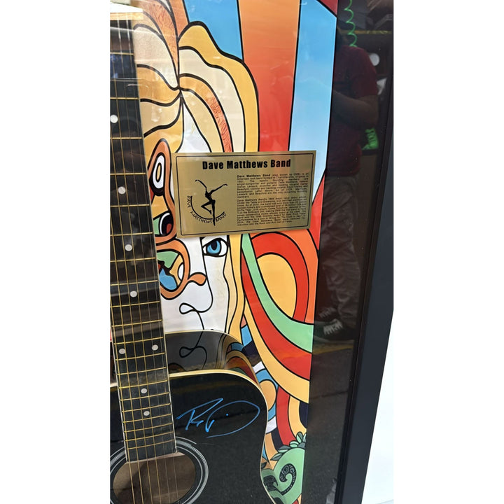 Dave Mathews with sketch Stephan Lessard Boyd Tinsley LeRoi Moore Carter Beauford acoustic guitar signed and framed with proof