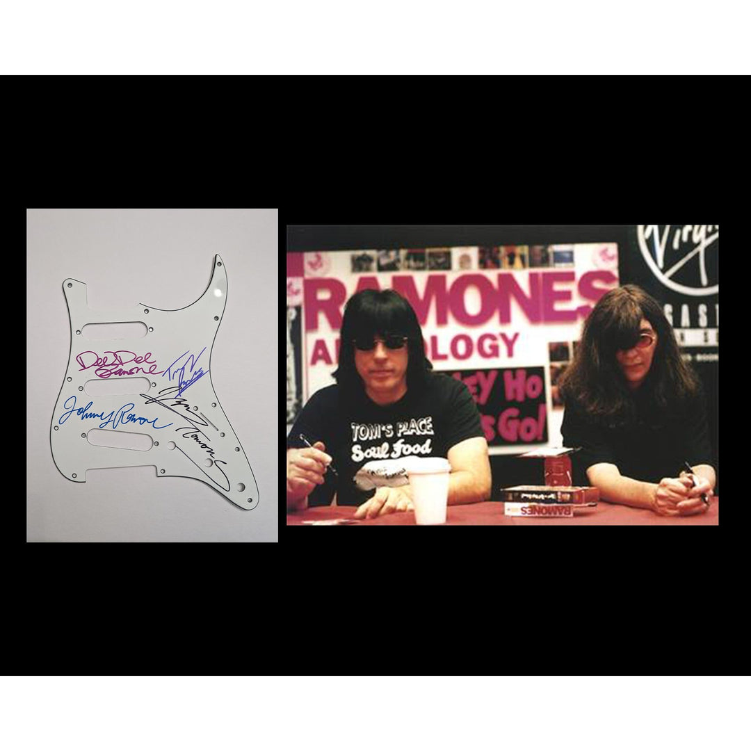 The Ramones stratocaster elecectric guitar pickguard Joey Dee Dee Marky Tommy and CJ signed with proof