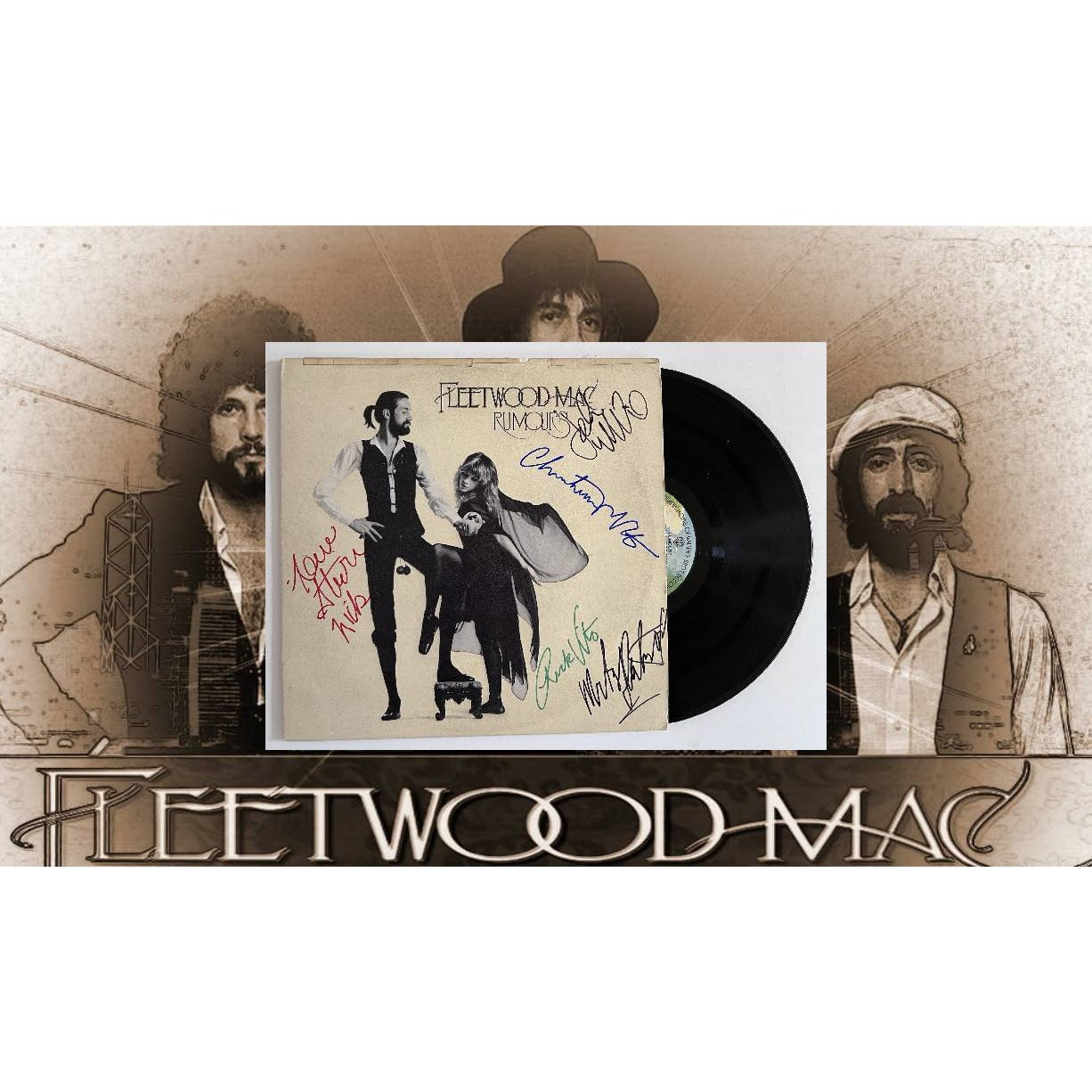 Fleetwood Mac Rumors Mick Fleetwood, Christine McVie, Stevie Nicks, Lindsey Buckingham, and John McVie signed with proof