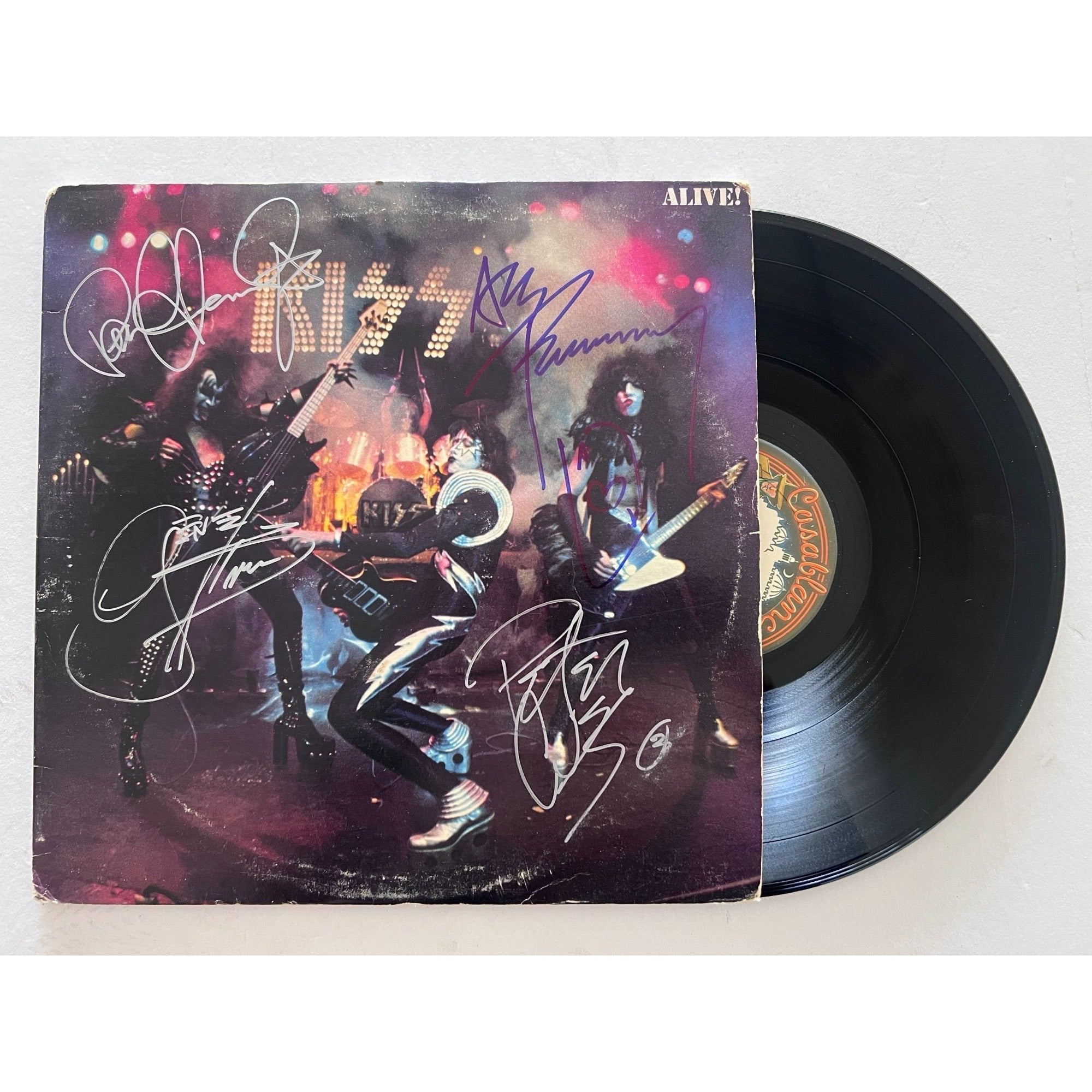 Kiss, Gene Simmons, Paul Stanley, Peter Chris, Ace Frehley ALIVE original lp signed with proof