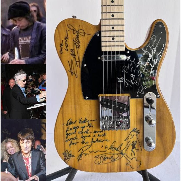 Bob Dylan Keith Richards Ronnie Wood of The Rolling Stones full size Telecaster electric guitar signed with inscription and sketch and proof