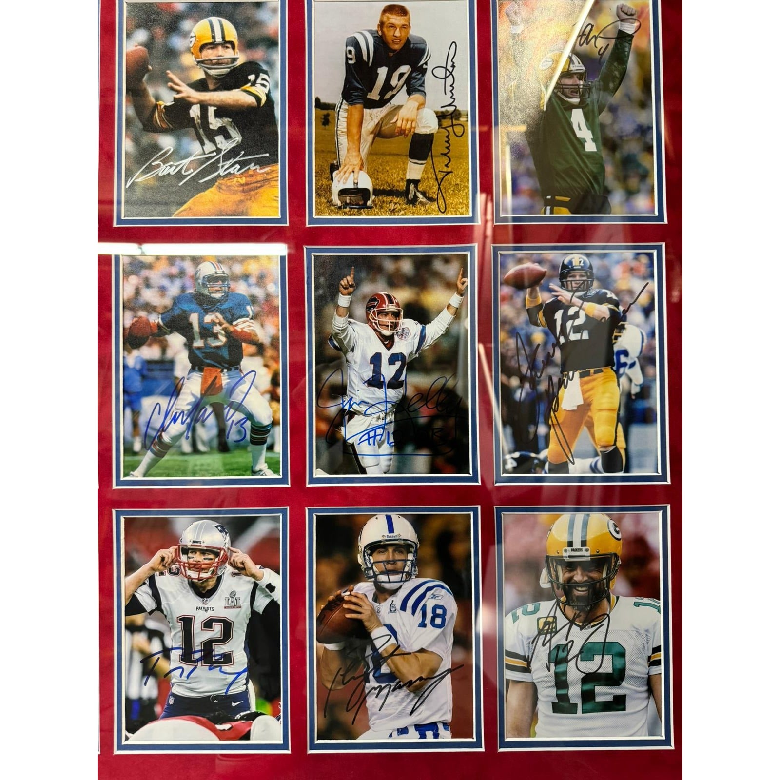 Tom Brady Bart Starr Joe Namath Johnny Unitas 15 5x7 photos signed with proof of the NFL's greatest quarterbacks of all time