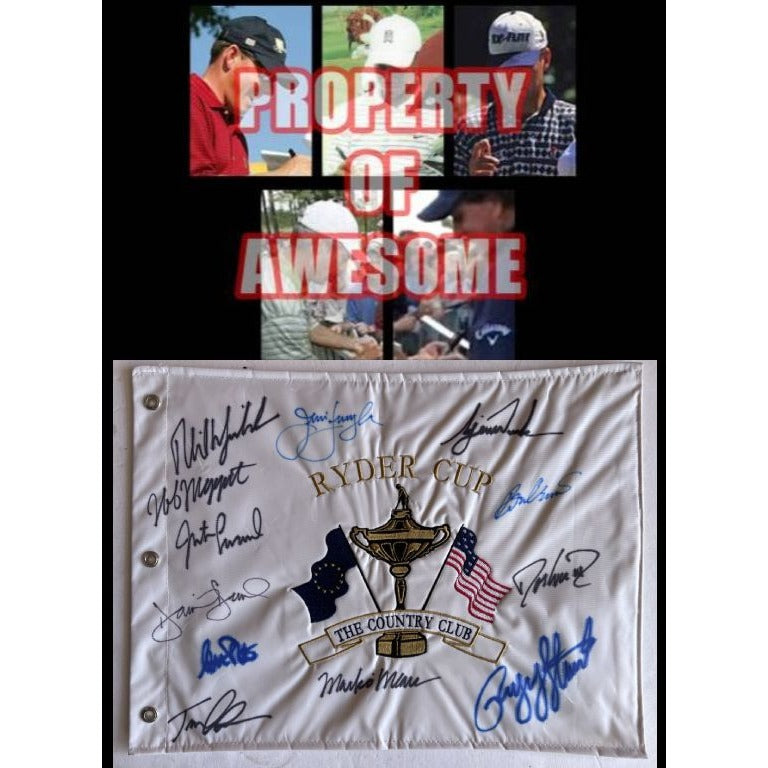 1999 Ryder Cup Flag Payne Stewart, Tiger Woods, Phil Mickelson signed with proof