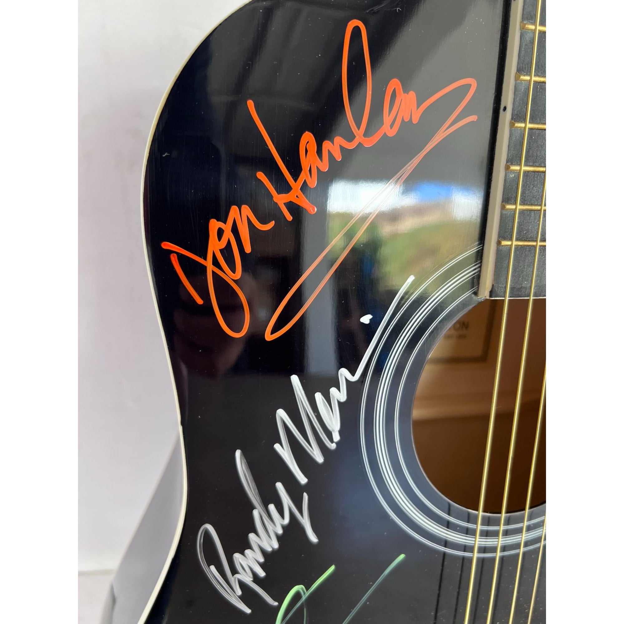 The Eagles Bernie Laden Joe Walsh Don Henley Glenn Frey Randy Meisner signed and inscribed full size acoustic guitar with proof