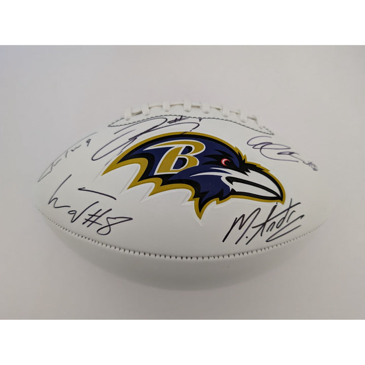 Baltimore Ravens Lamar Jackson Odell Beckham, Mark Andrews, Justin Tucker, Gus Edwards full size football signed with proof and free acrylic