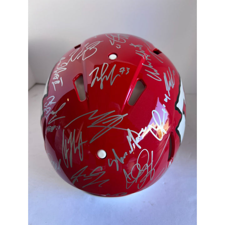 Patrick Mahomes Andy Reid Travis Kelce 2022- 23 Super Bowl champion Kansas City Chiefs Riddell Speed Authentic team signed helmet signed