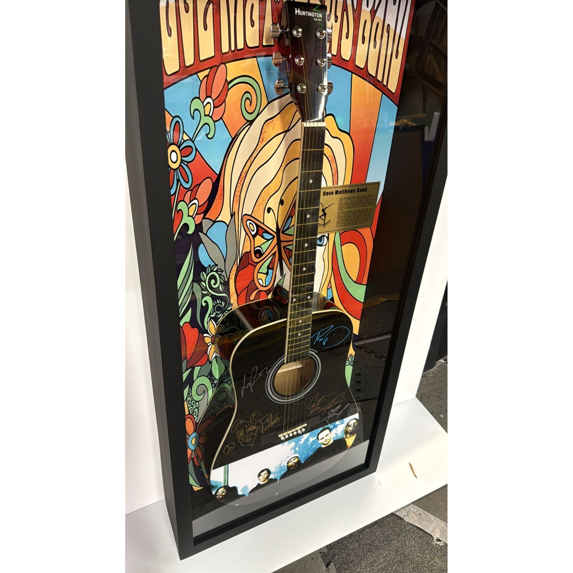 Dave Mathews with sketch Stephan Lessard Boyd Tinsley LeRoi Moore Carter Beauford acoustic guitar signed and framed with proof