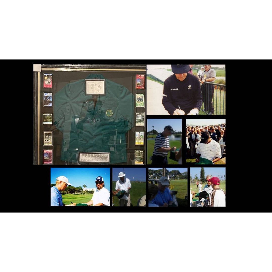 Tiger Woods Jack Nicklaus Arnold Palmer 40 + Masters golf champions green jacket signed and framed  with proof