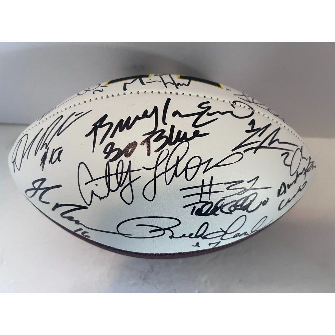 Michigan Legends Tom Brady, Charles Woodson, Desmond Howard, Jim Harbaugh signed football with proof free case