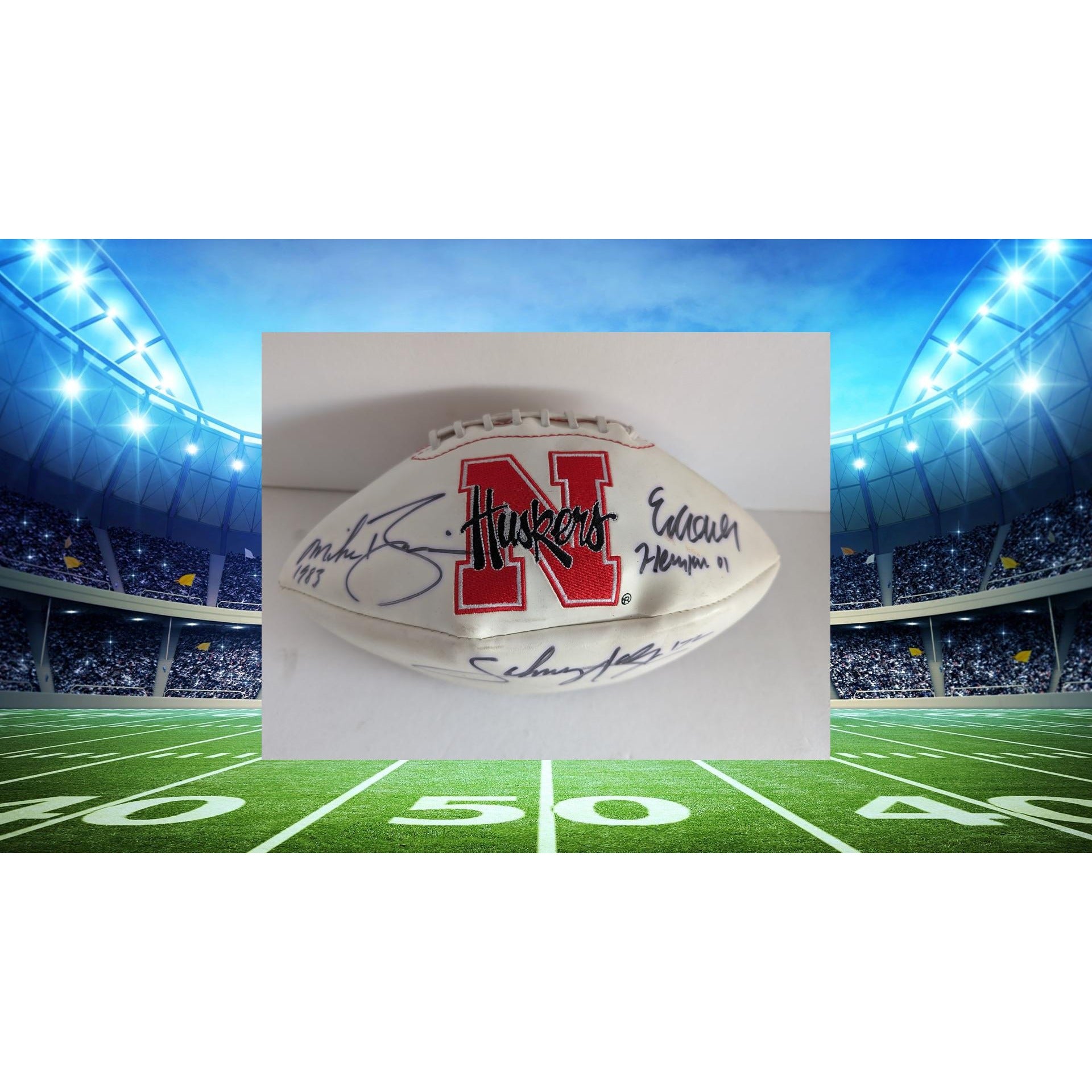 Nebraska Cornhuskers Heisman Trophy award winners Johnny Rodgers Eric Crouch Mike Rozier full size football signed