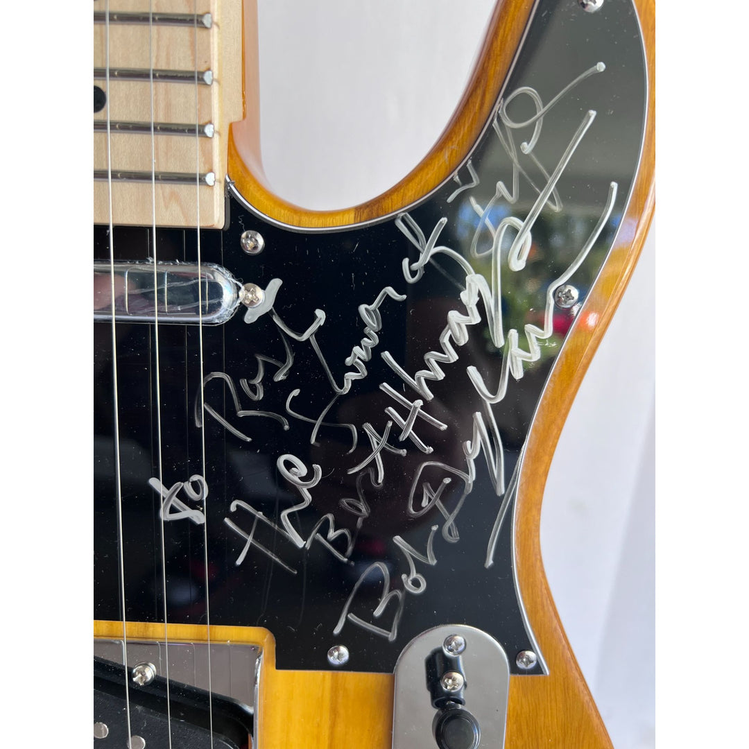 Bob Dylan Keith Richards Ronnie Wood of The Rolling Stones full size Telecaster electric guitar signed with inscription and sketch and proof