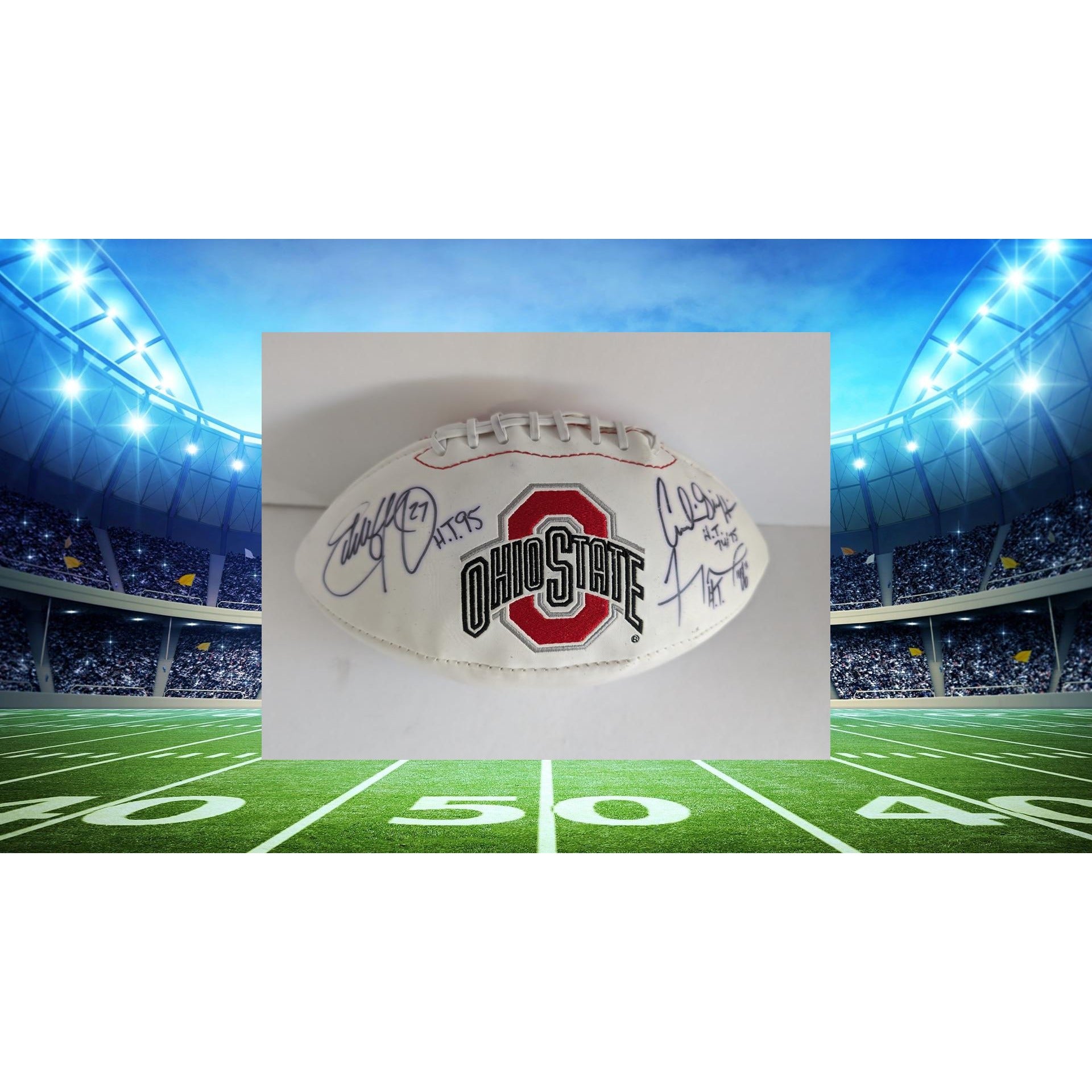 Ohio State Buckeyes Heisman Trophy award winners Archie Griffin Eddie George Troy Smith full size football signed