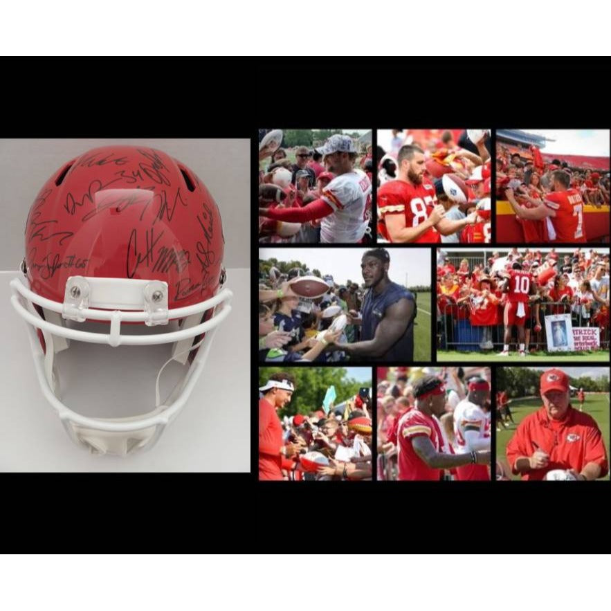 Kansas City Chiefs.Patrick Mahomes Travis Kelce Andy Reid 2023-24 Speed Riddell replica helmet 40 sigs signed with proof