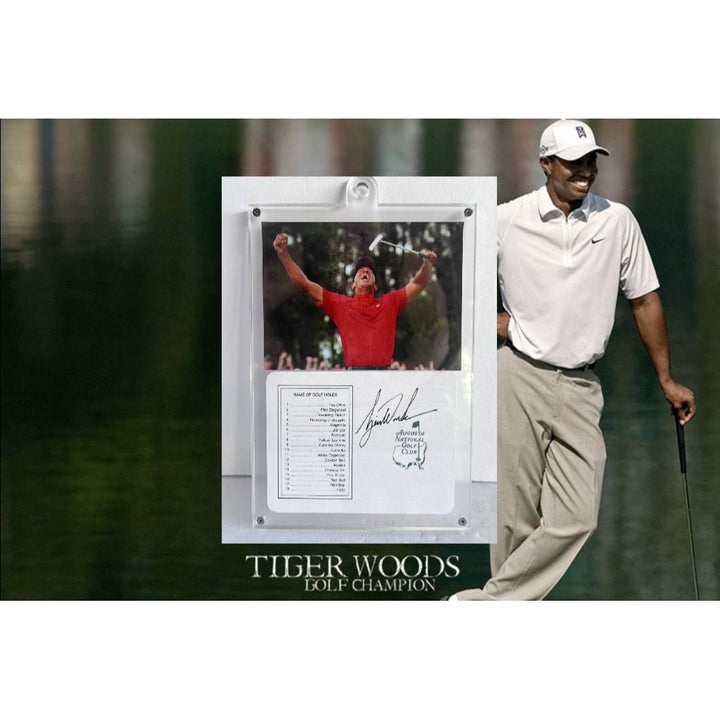 Tiger Woods Masters scorecard signed with proof and 11x7 acrylic display case