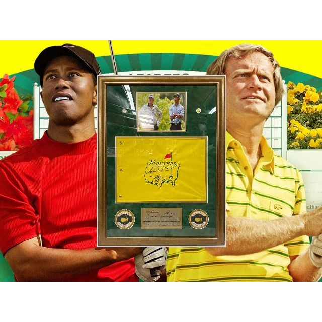 Tiger Woods Jack Nicklaus Masters Golf flag signed with proof and framed