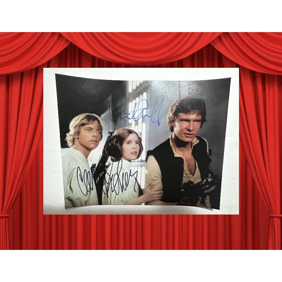 Star Wars Harrison Ford Mark Hamill Carrie Fisher 8x10 photo signed with proof