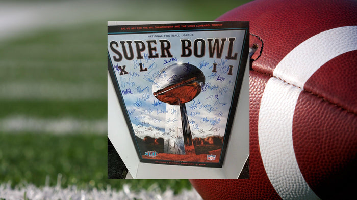 2008 Super Bowl poster signed by the Patriots and Super Bowl champion New York Giants