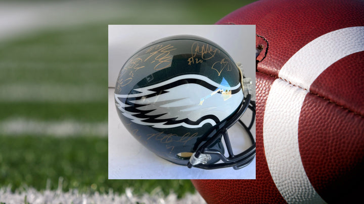 Philadelphia Eagles all time greats Randall Cunningham Ron Jaworski Dick Vermeil Harold Carmichael Eric Allen Riddell speed full size helmet Awesome Artifacts