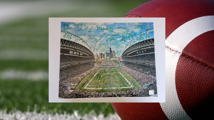 Seattle Seahawks Russell Wilson Marshawn Lynch Pete Carroll team signed 16 x 20 photo 2014 Super Bowl champs